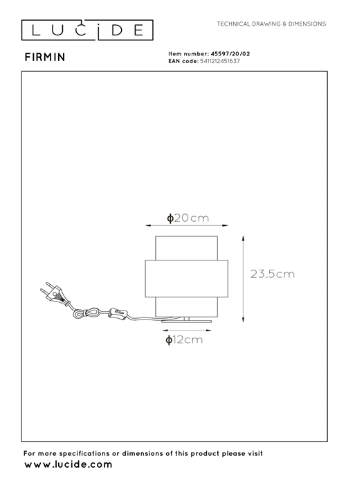 Lucide FIRMIN - Lampe de table - Ø 20 cm - 1xE27 - Or Mat / Laiton - technique